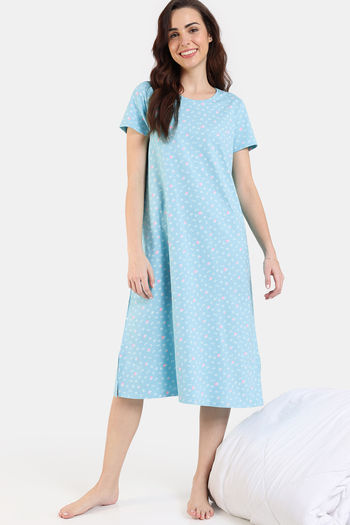 Buy Zivame Desi Drama Knit Cotton Mid Length Nightdress - Aqua Sky